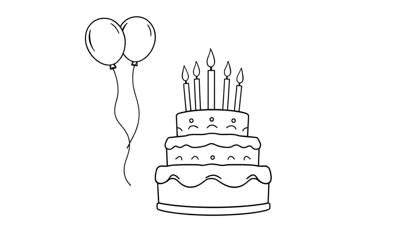 Un pastel de cumpleaños de tres pisos con glaseado festoneado y cinco velas en la parte superior, junto con dos globos coloridos atados con cuerdas onduladas. Toda la escena está representada con una placa de color vibrante que realza la atmósfera festiva.