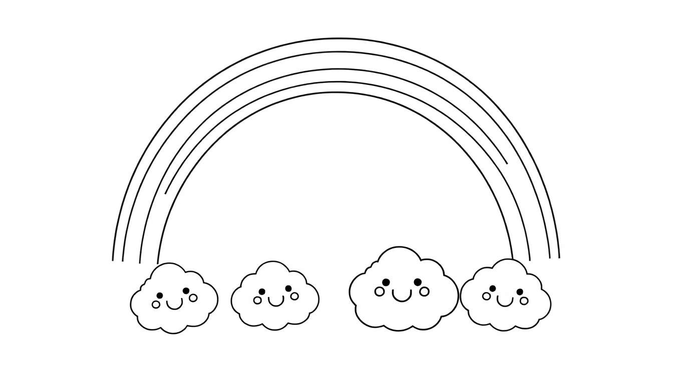 Cuatro nubes sonrientes bajo un arcoíris en blanco y negro, ideal para una placa de color.