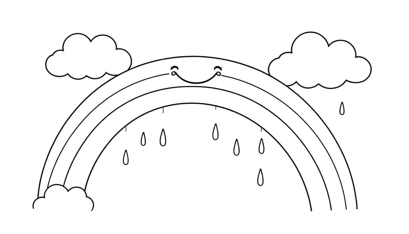 Un dibujo de placa de color de un arcoíris sonriente con nubes y gotas de lluvia.