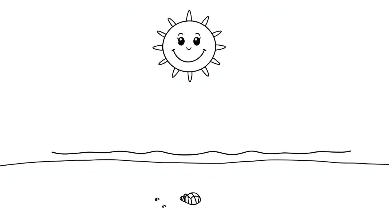 Un dibujo de una placa de color con un sol sonriente, olas y una tortuga.