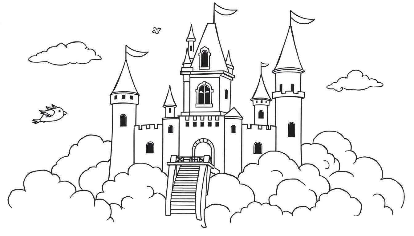 Placa de color de un castillo en las nubes, estilo cuento de hadas.