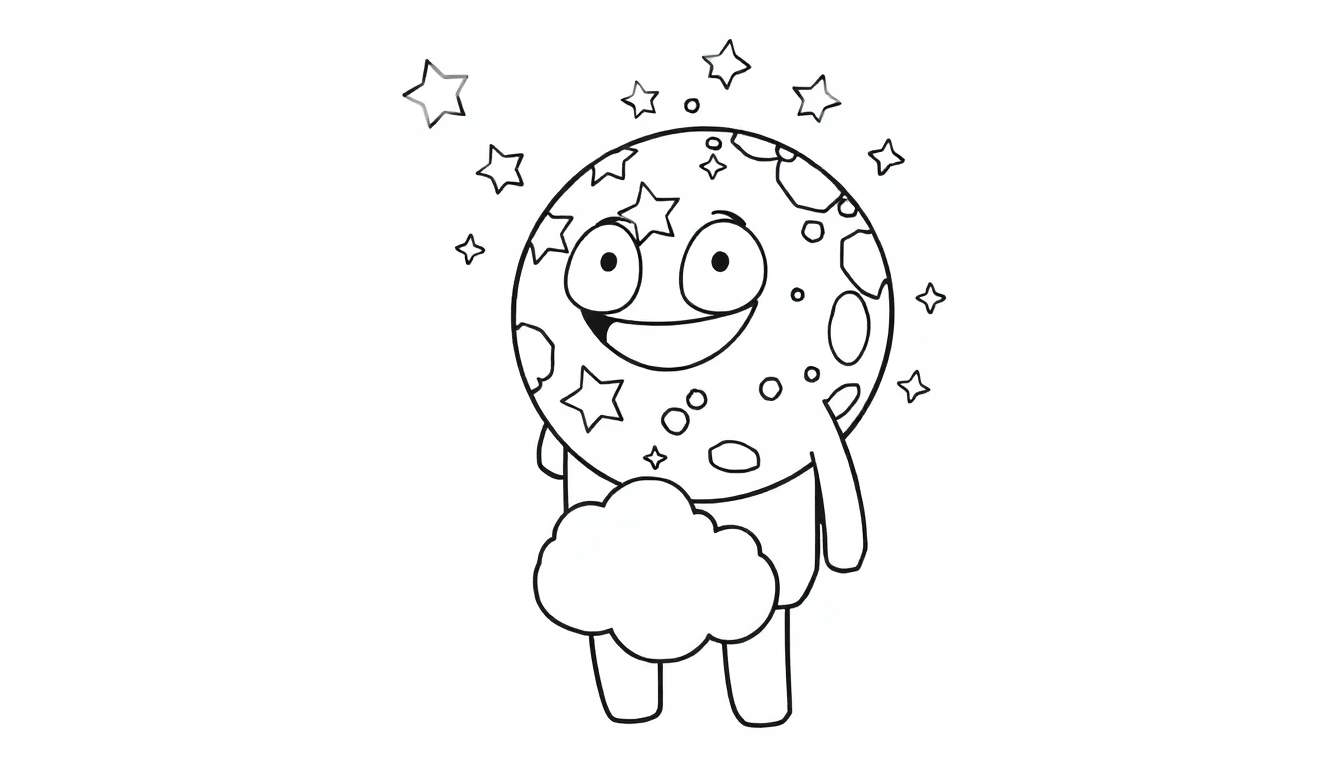 Un personaje de Among Us amigable pintando un planeta con estrellas, listo para colorear en la placa de color.