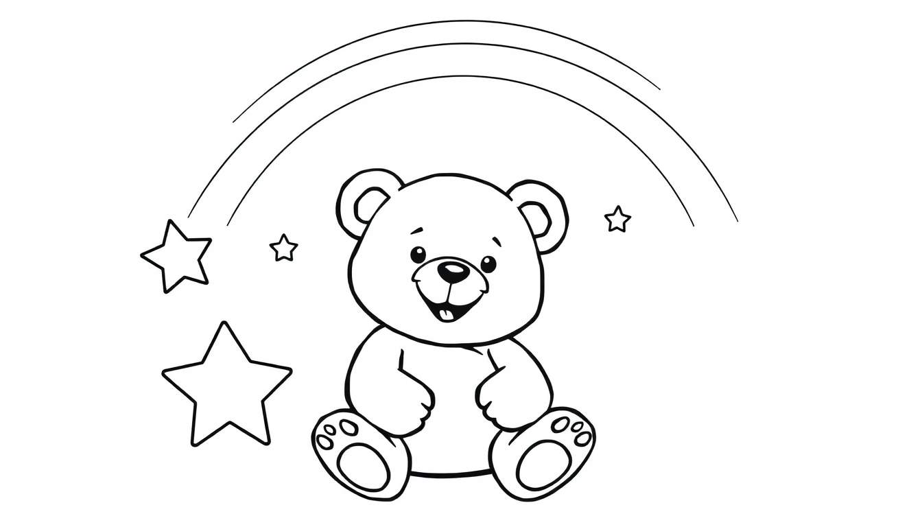 Placa de color de un oso de peluche sonriente bajo un arcoíris con estrellas doradas.