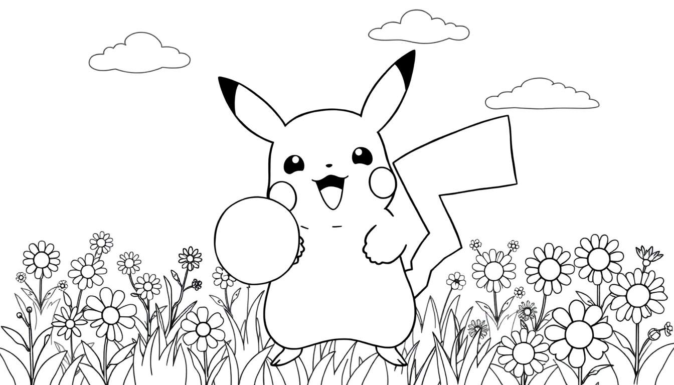 Placa de color de Pikachu sonriendo con un globo brillante en un campo de flores.