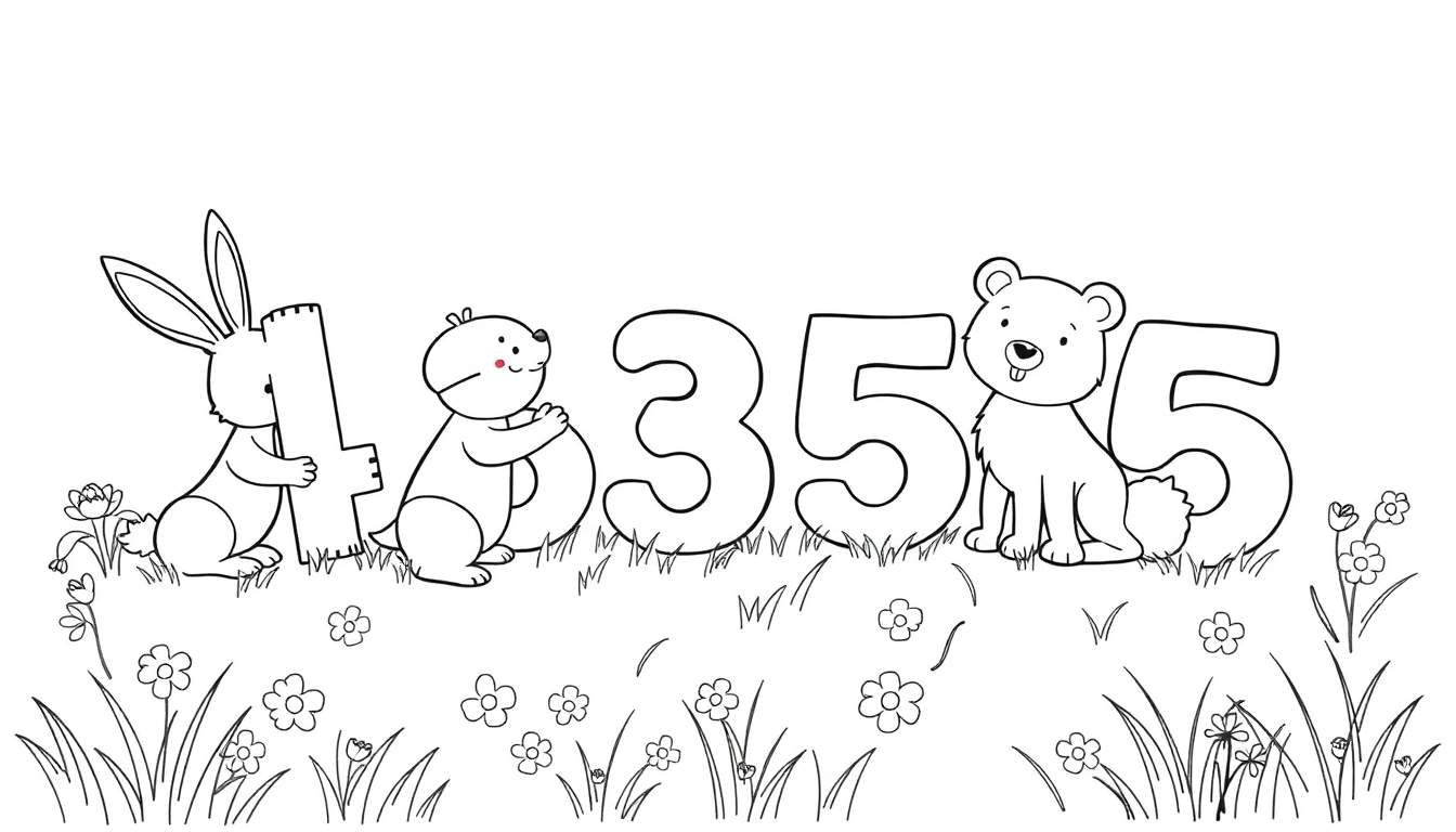 Una placa con un dibujo de animales y números, con un conejo sosteniendo el número 4, una ardilla con el número 0, y los números 3, 5 y 5 sueltos, y un oso sentado cerca de un número 5, rodeados de flores y hierba en blanco y negro.