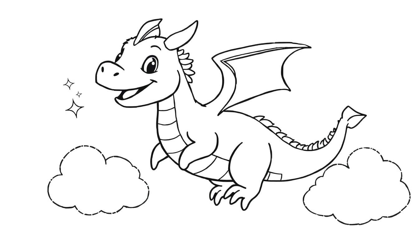 Placa de color de un dragón amigable volando entre nubes.