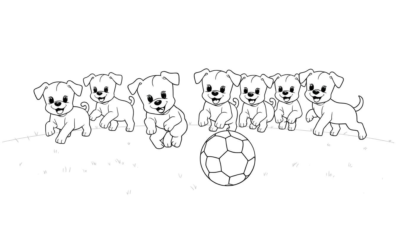 Un equipo de cachorros alegres jugando al fútbol en un campo verde, con una pelota de fútbol coloreada y uniformes vibrantes.