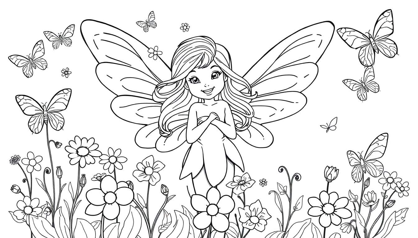 Placa de color de un hada sonriente con alas brillantes entre flores mágicas y mariposas danzantes.
