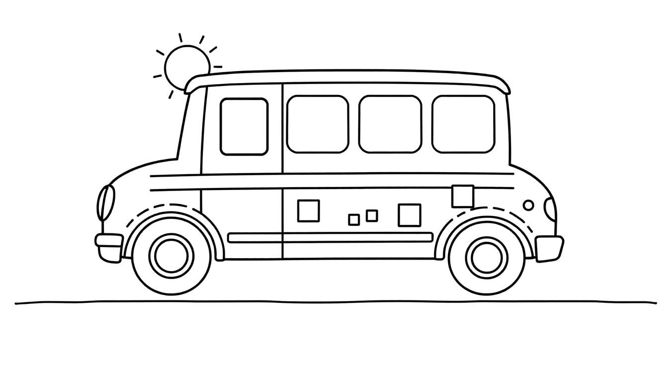 Placa de color de un autobús escolar amigable con formas geométricas para colorear.