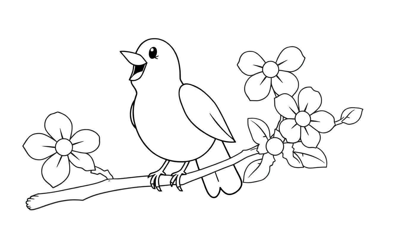 Placa de color de un pájaro cantando en una rama con flores.