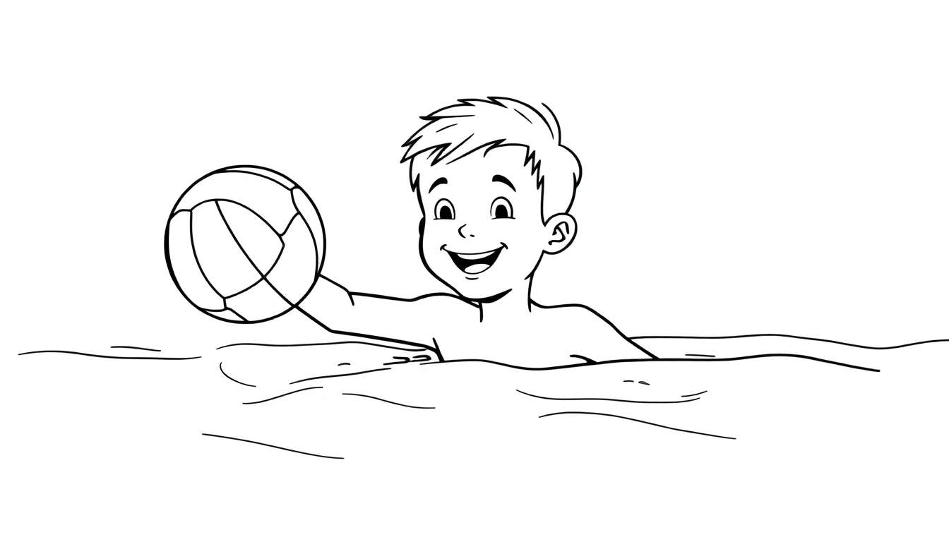 Niño sonriente con pelota en la piscina, placa de color vibrante.