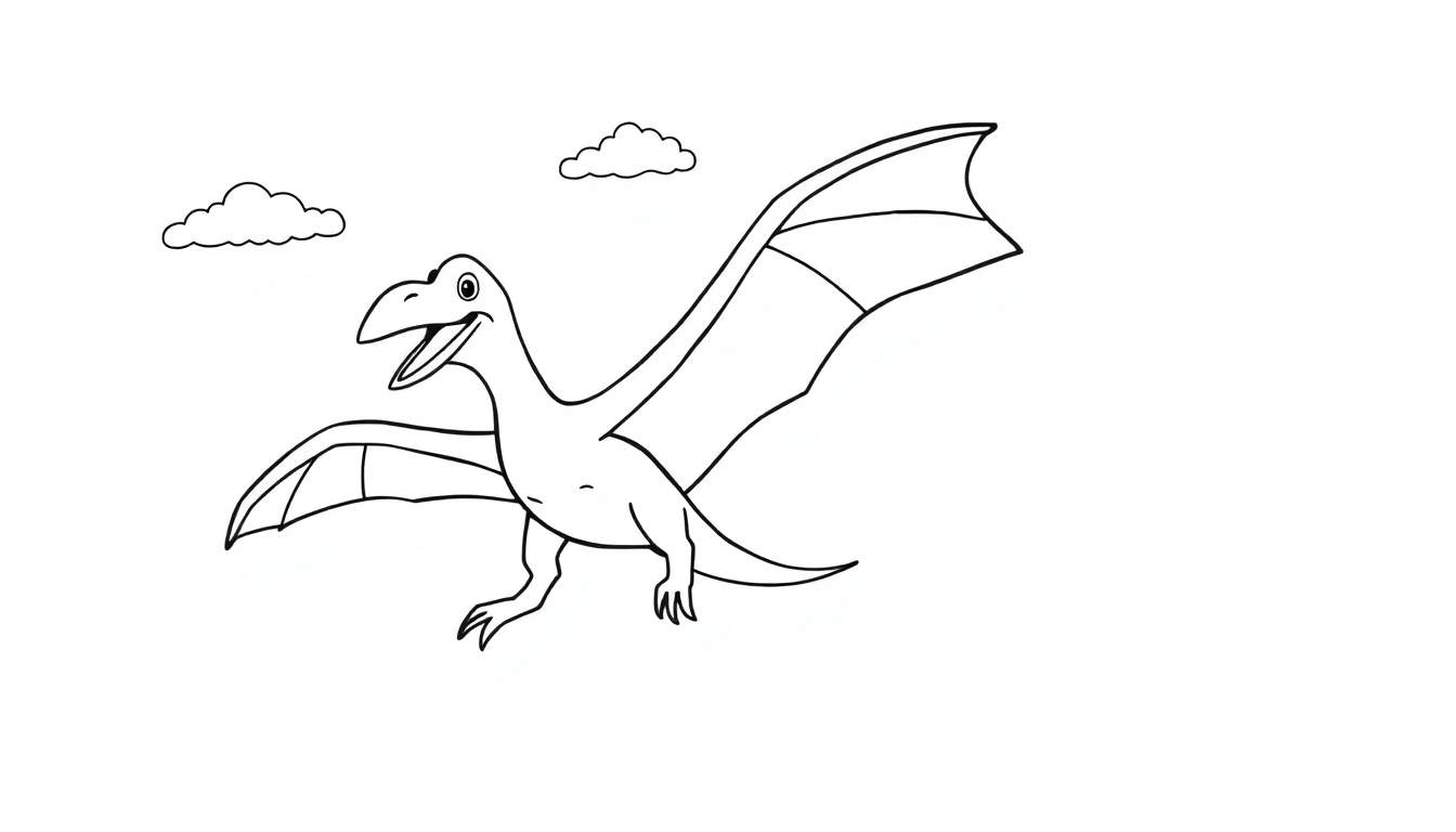 Pterodáctilo volando con alas extendidas, con una sonrisa, sobre un fondo blanco y tres nubes pequeñas, estilo caricatura, placa de color vibrante.