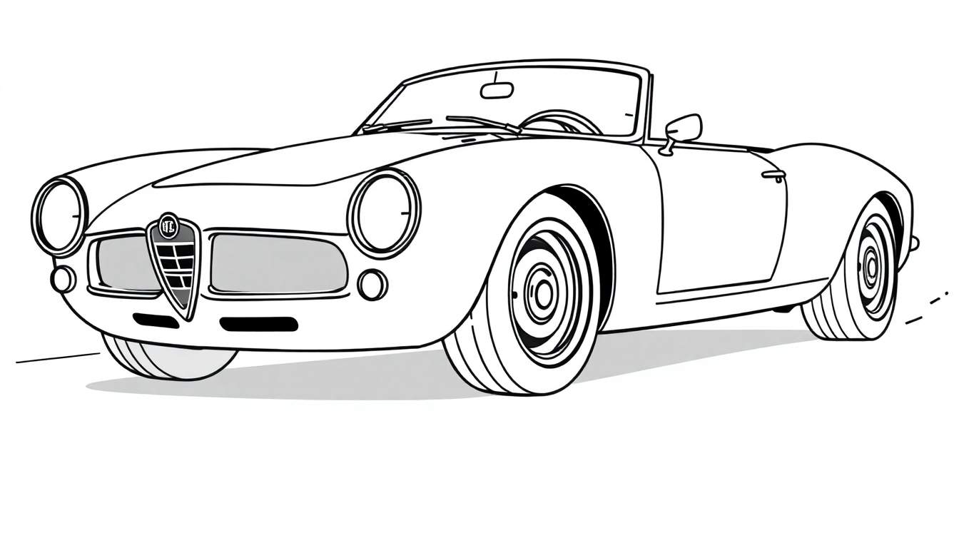 Dibujo lineal de un coche deportivo Alfa Romeo rojo clásico descapotable, listo para la aventura en la carretera.
