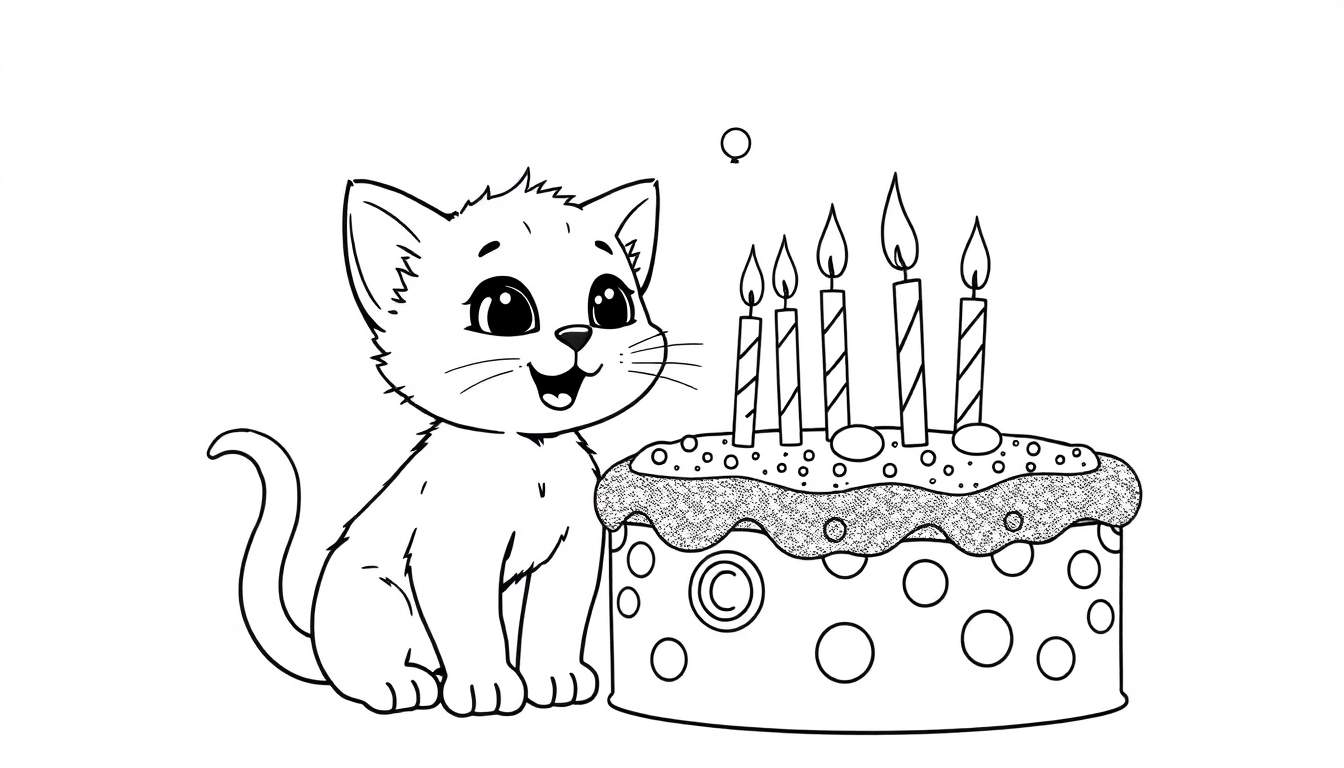 Un gatito adorable soplando cinco velas en una placa de color de pastel de cumpleaños.