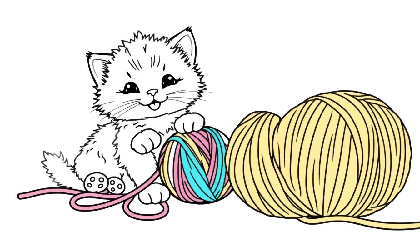 Gatito blanco de placa de color jugando con ovillos de lana.