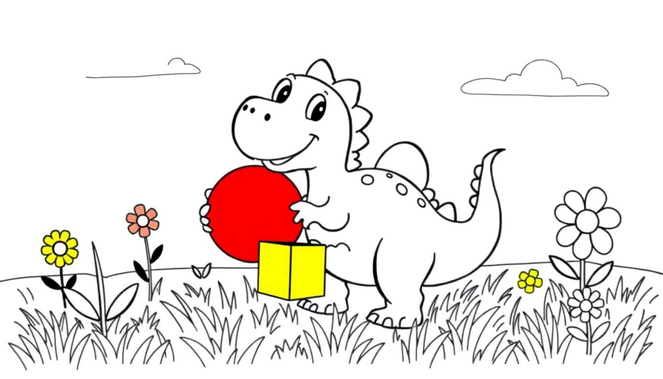 Placa de color de un dinosaurio sonriendo con una bola roja y un cubo amarillo en un campo con flores y nubes.