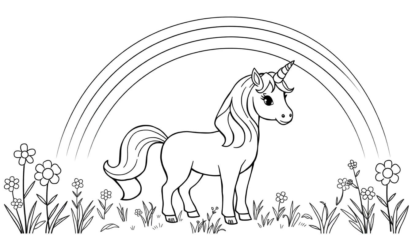 Placa de color de un unicornio amigable bajo un arcoíris.