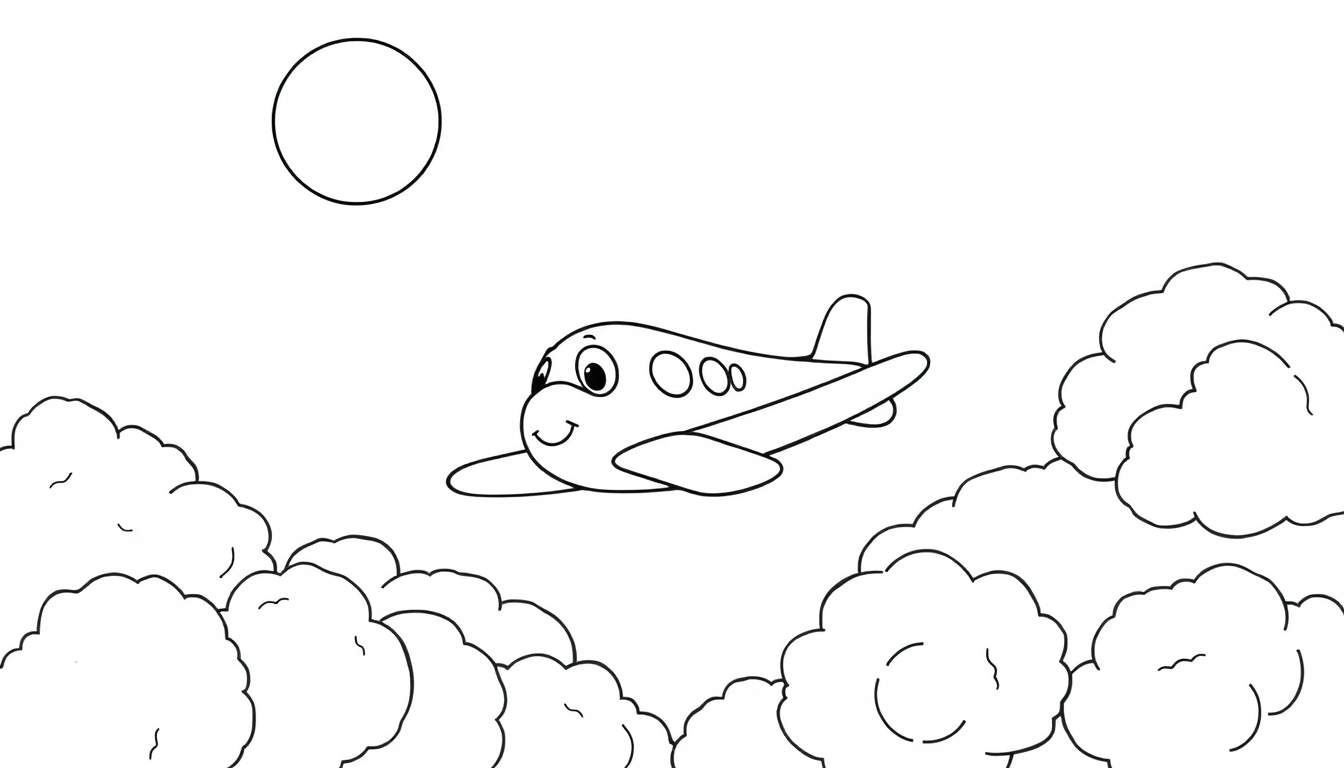 Un avión de dibujos animados amigable con alas grandes y una cara sonriente volando entre nubes esponjosas y un sol redondo, todo en blanco y negro. La placa de color permite añadirle vida.