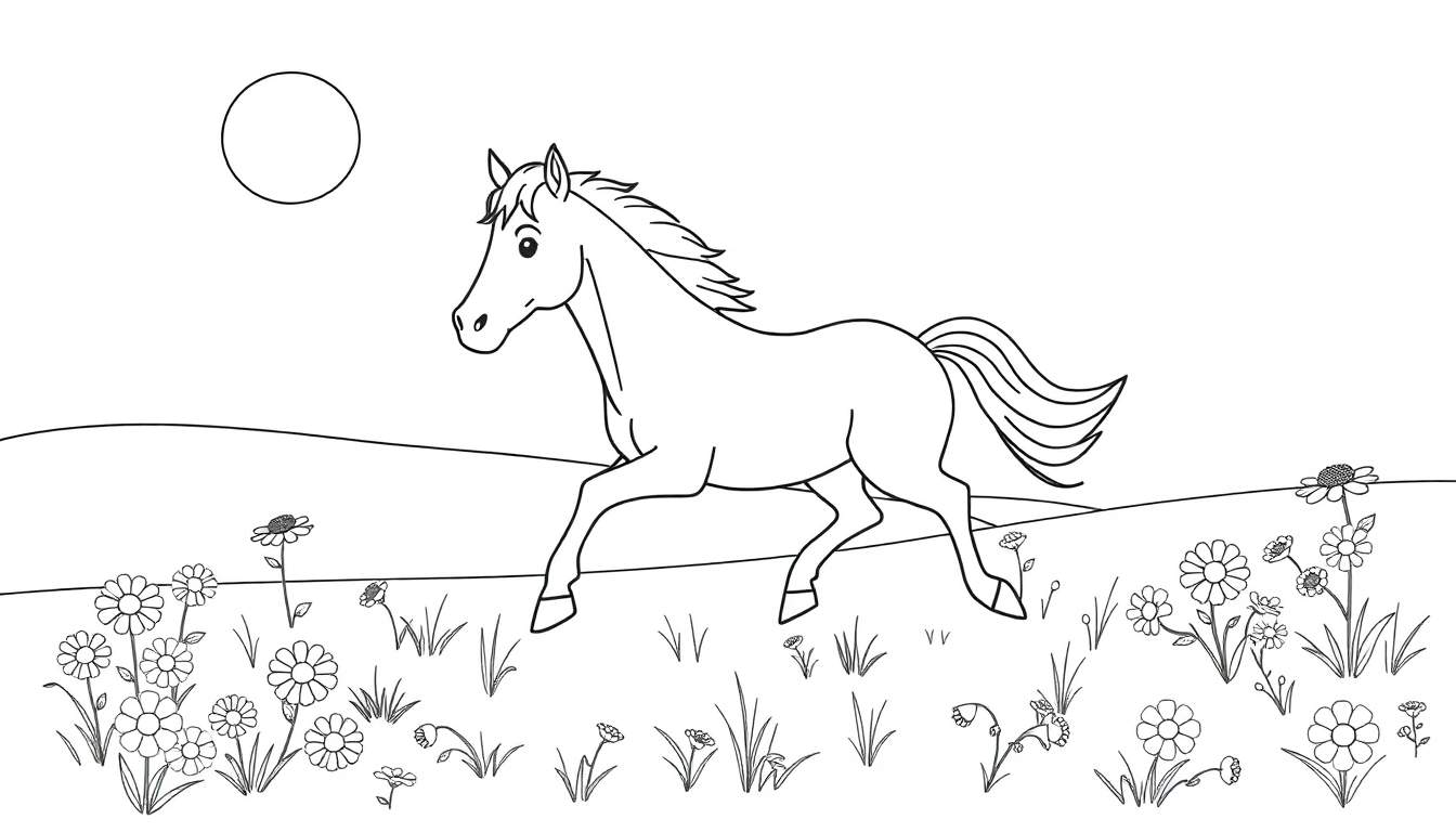 Placa de color de un caballo corriendo en un campo de flores.