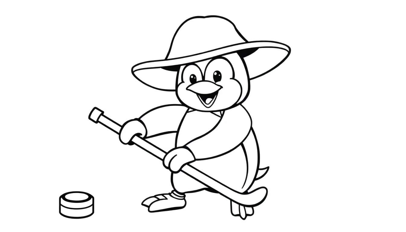 Pingüino jugador de hockey con sombrero, placa de color en blanco y negro.