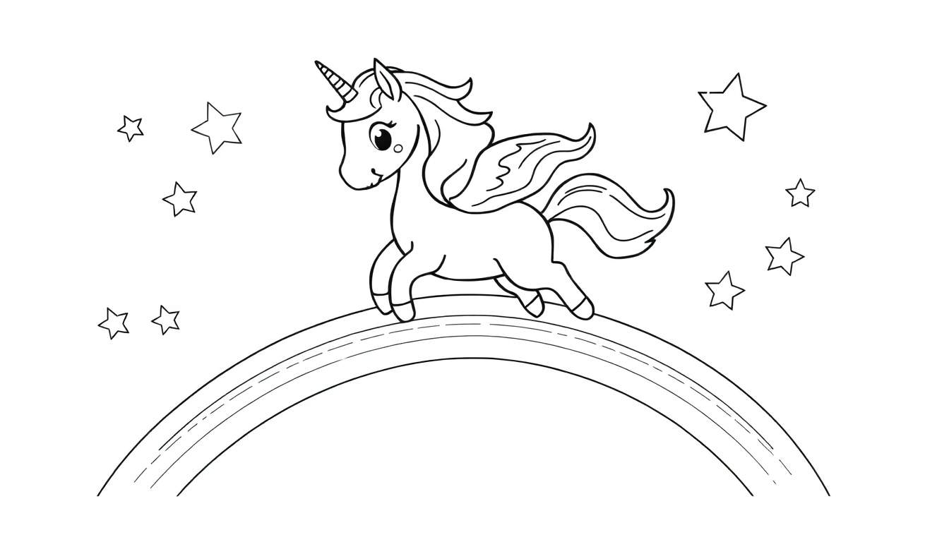 Placa de color de un unicornio volando sobre un arcoíris.