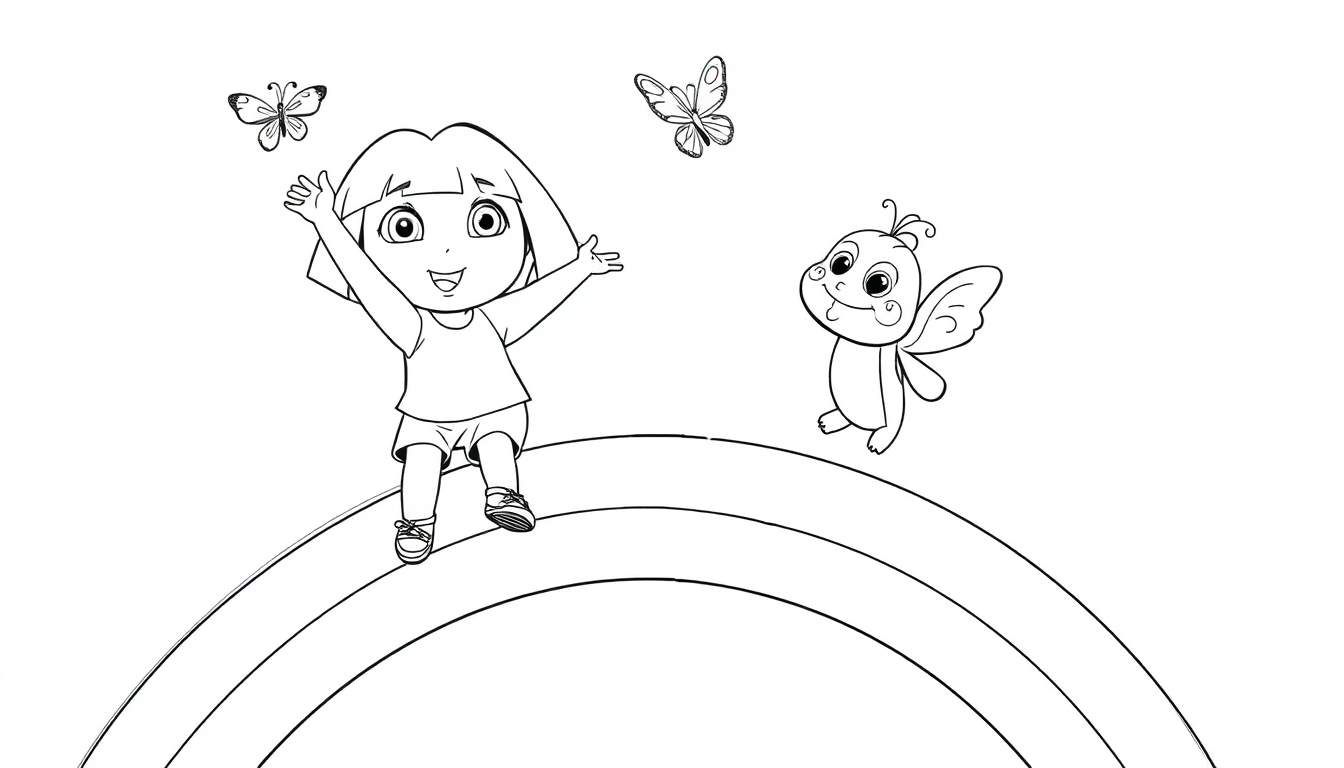 Dora la Exploradora en una placa de color arcoíris saludando con mariposas.