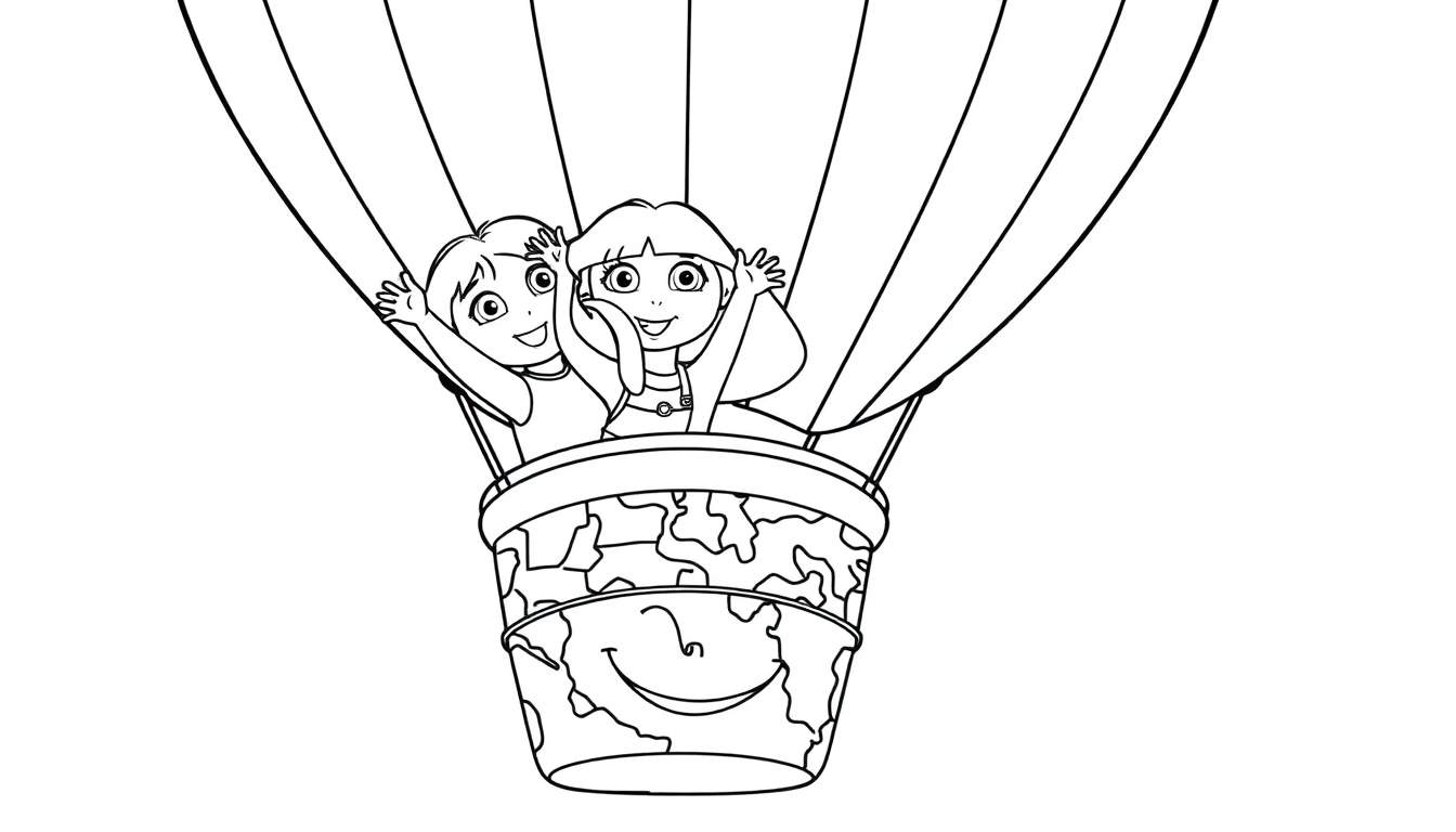 Dora la Exploradora y Botas en un globo aerostático con un mapa sonriente, con placa de color.