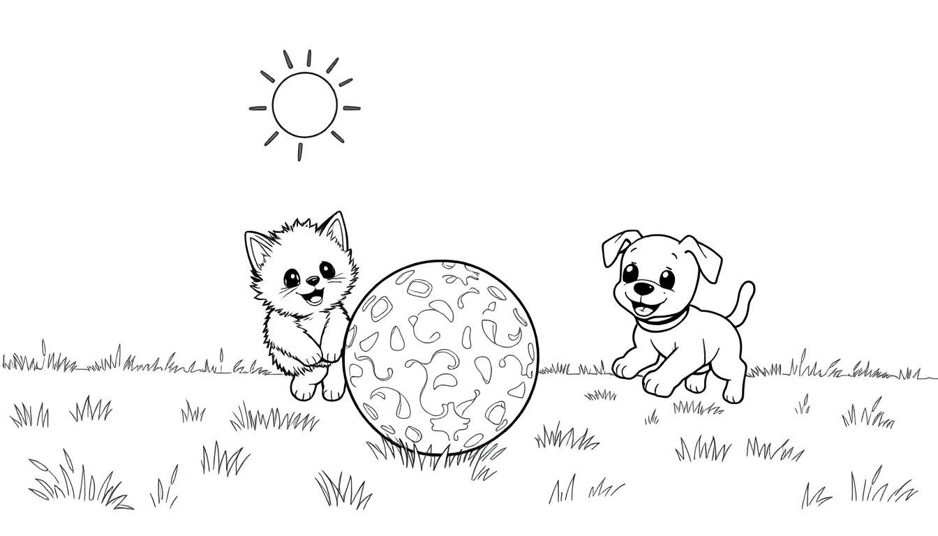 Placa de color de un gatito y un cachorro jugando con una pelota bajo un sol brillante.