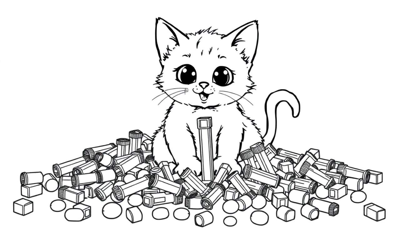 Un dulce gatitoPEZ dibujado en blanco y negro, rodeado de bloques de construcción de colores en forma de caramelos PEZ.