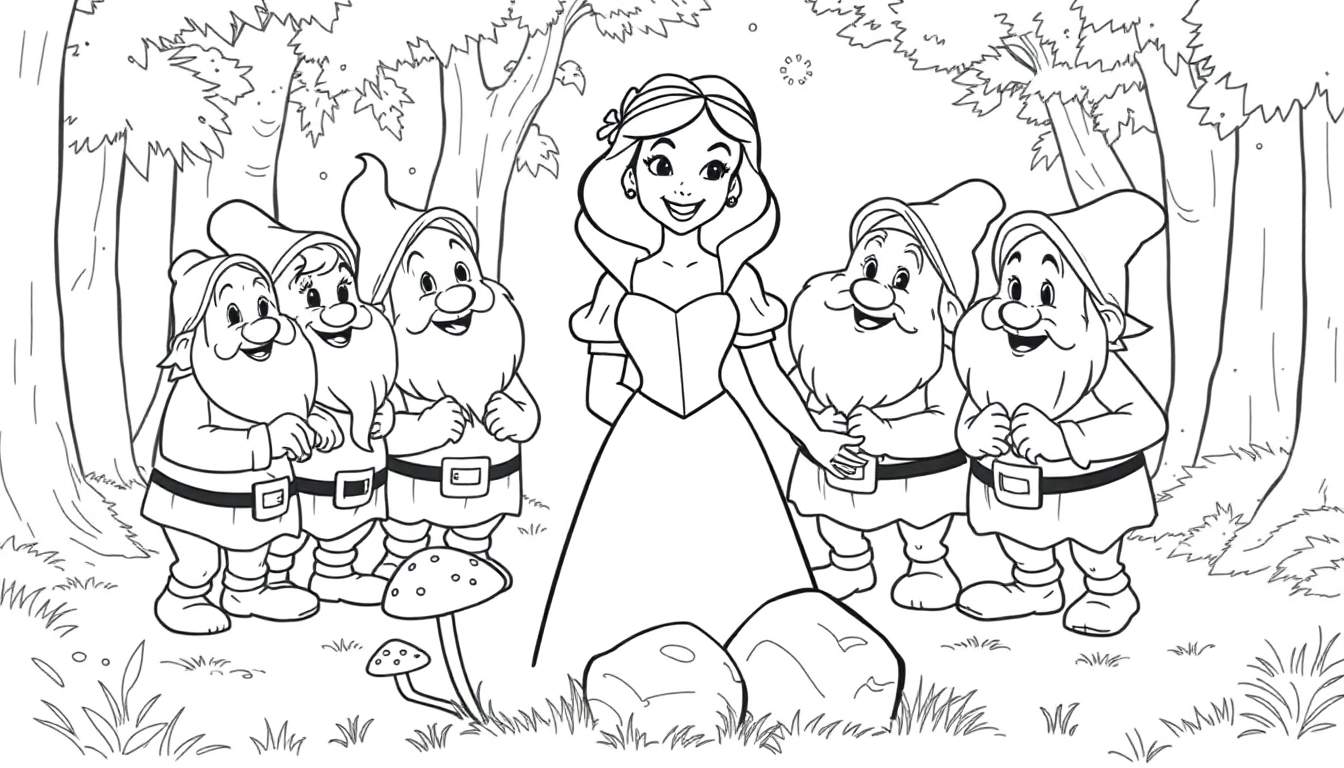 Blancanieves y cinco enanitos sonrientes en un bosque listo para colorear en la placa de color.