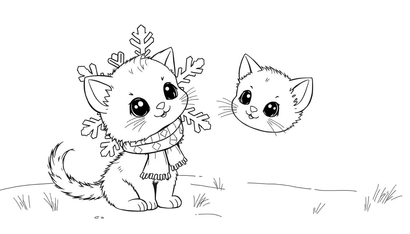 Una placa de color blanco y negro muestra a dos adorables gatitos, uno sentado en la nieve con una bufanda y el otro flotando, ambos en un estilo de caricatura.