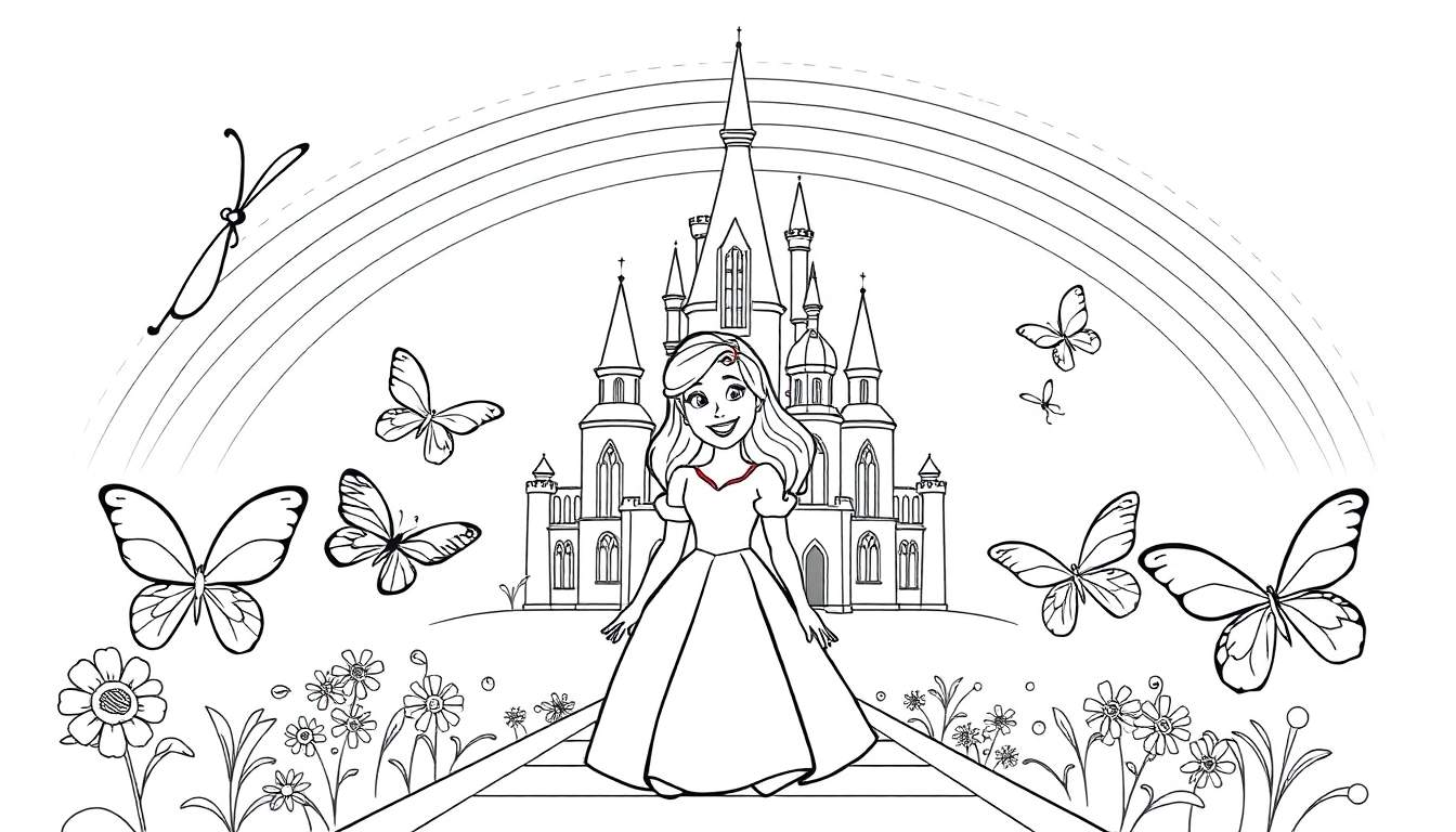 Una placa de color para colorear de una princesa sonriente frente a un castillo, con mariposas y un arcoíris.