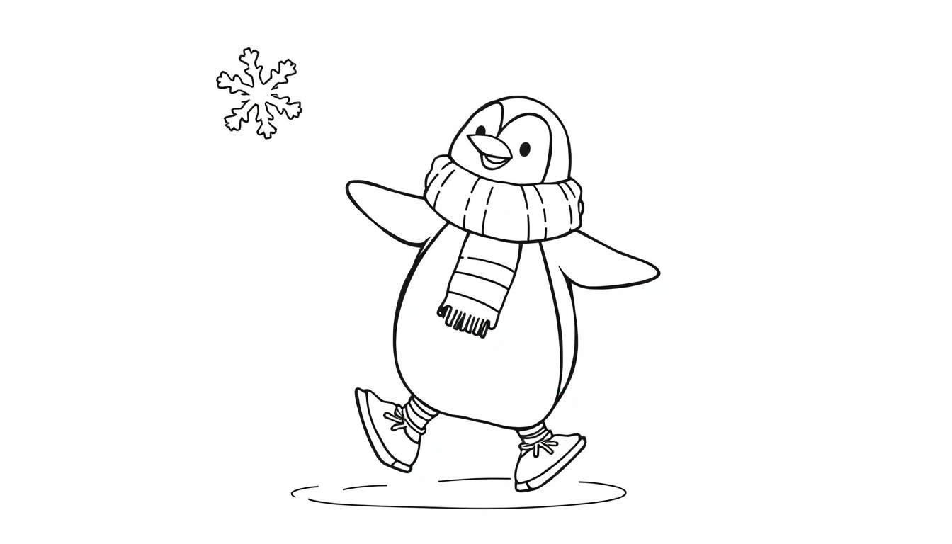 Un dibujo de un pingüino con bufanda y zapatos patinando sobre hielo, con un copo de nieve encima. La placa de color es azul y blanco.