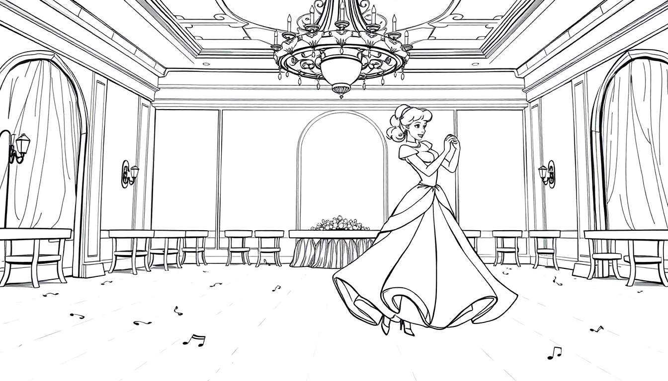 Una niña con un vestido de baile soñador se para en una sala de baile majestuosa, con notas musicales flotando alrededor, lista para un cuento de hadas con una placa de color.