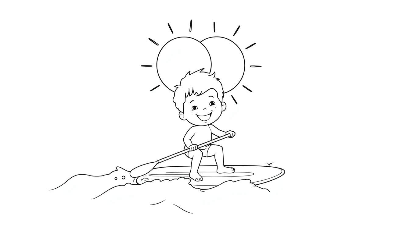 Un niño feliz en una tabla de surf remando con un sol sonriente encima, sobre aguas onduladas, todo en un estilo de dibujo lineal simple.