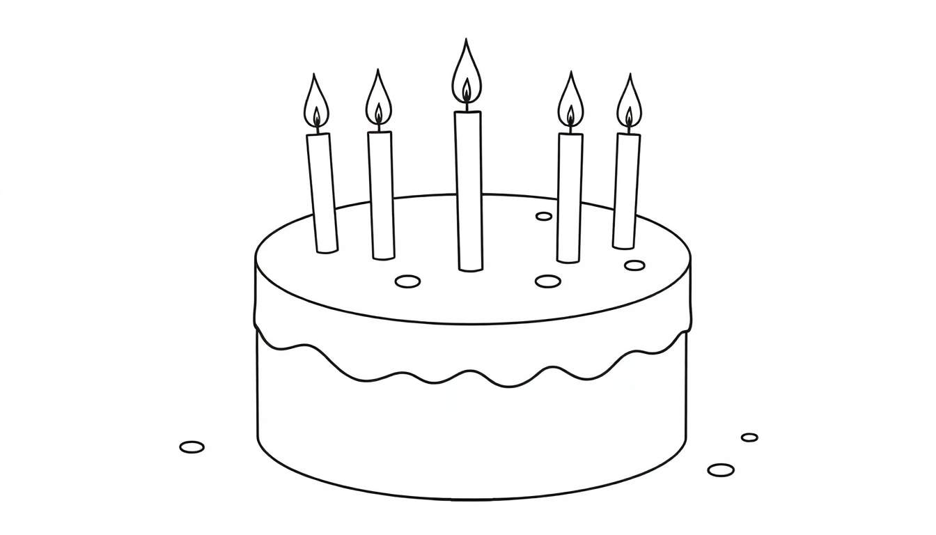 Ilustración en blanco y negro de un pastel de cumpleaños de dos niveles con cinco velas encendidas en la capa superior y glaseado que gotea, todo ello con un toque de placa de color.