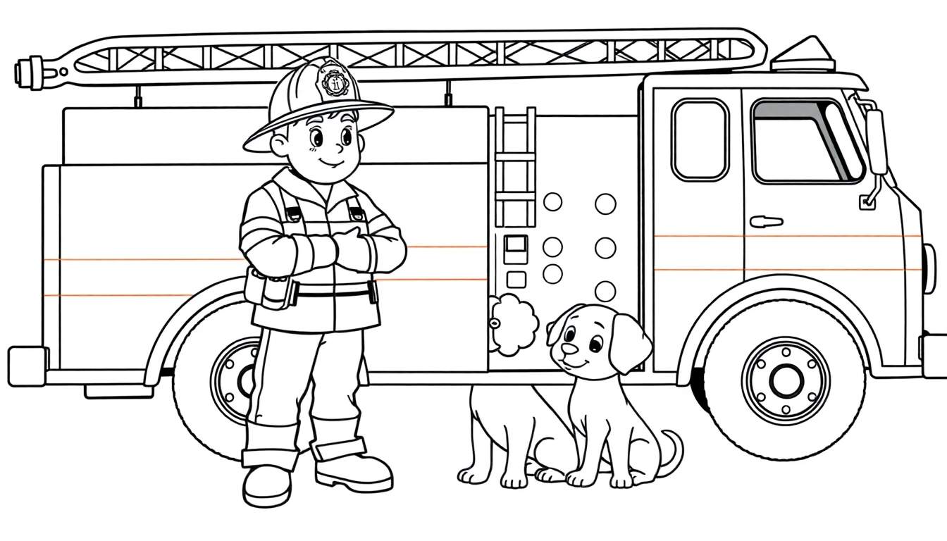 Un bombero de dibujos animados con su perrito y un camión de bomberos, todo representado con una placa de color vibrante.
