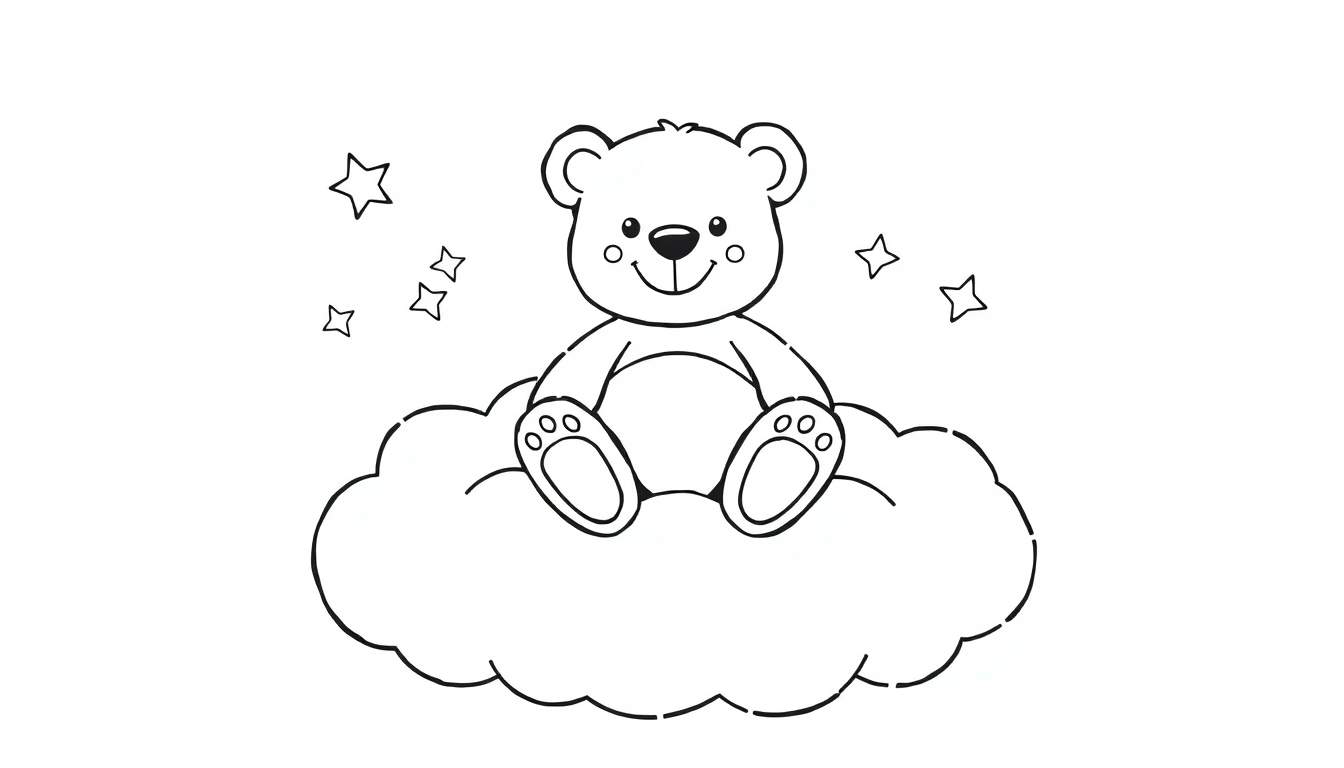Una placa de color de un osito de peluche sonriente sentado en una nube con estrellas.