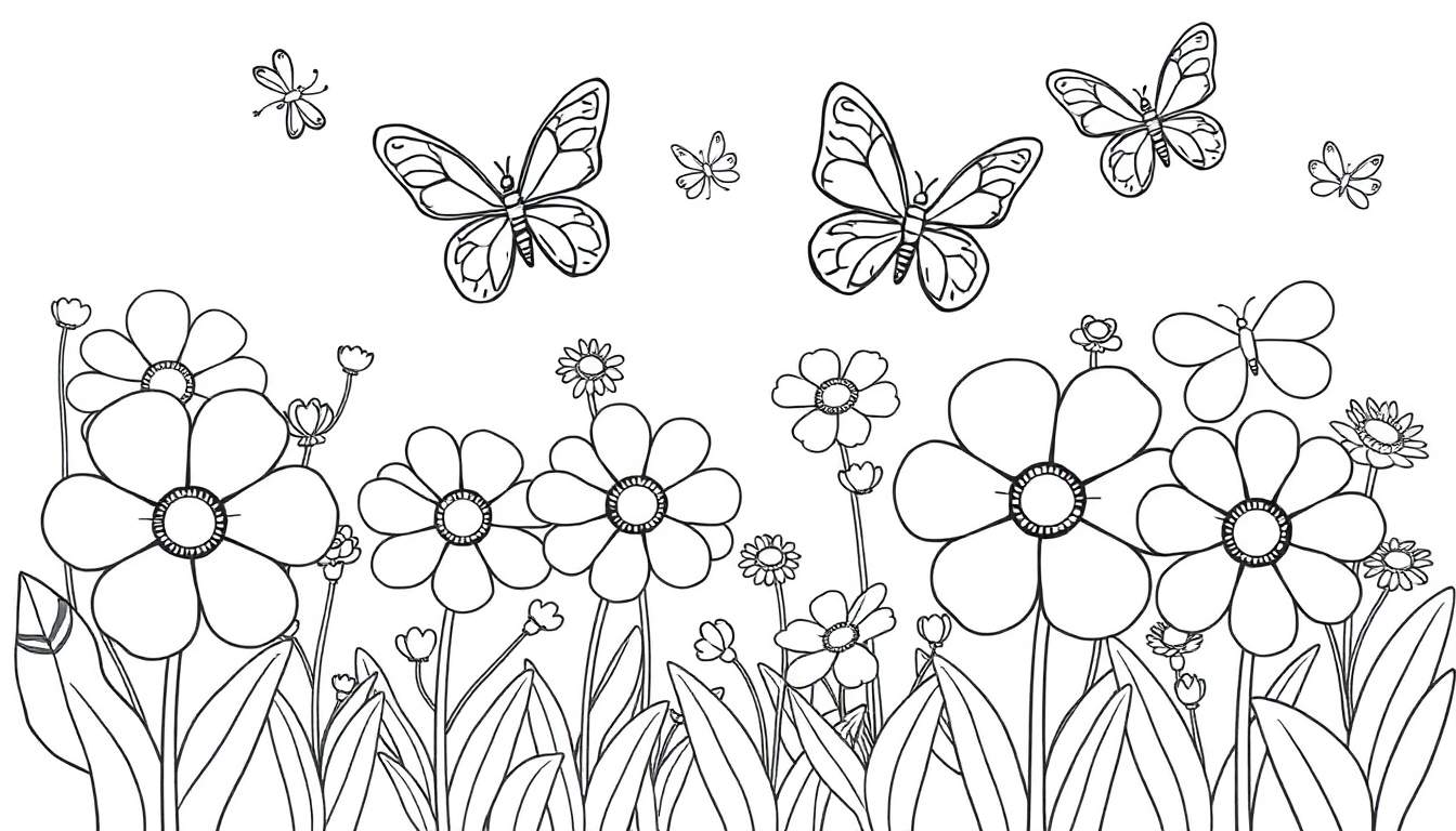 Una placa de color para pintar de un jardín con flores y mariposas.