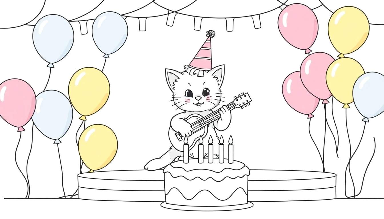 Placa de color de un gato tocando la guitarra en su fiesta de cumpleaños.