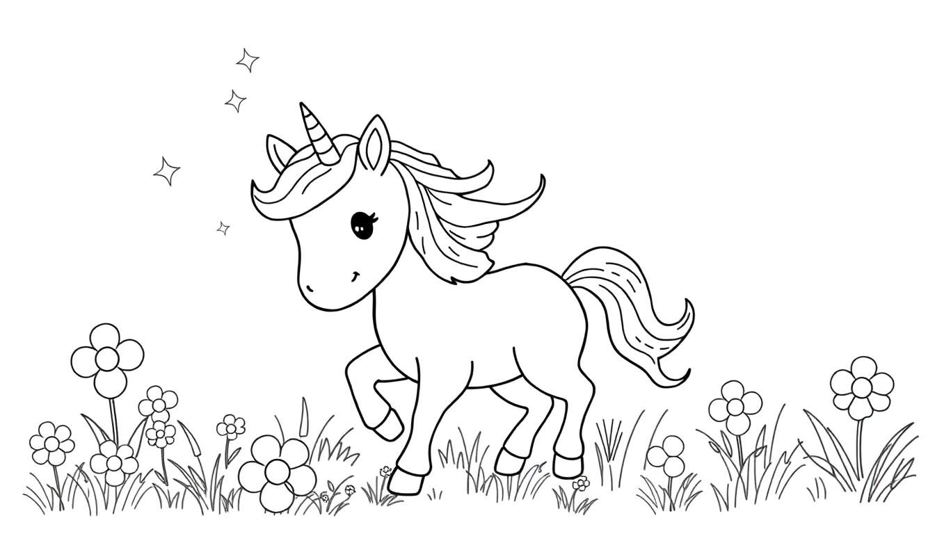 Placa de color de un unicornio adorable con crin arcoíris en un prado.