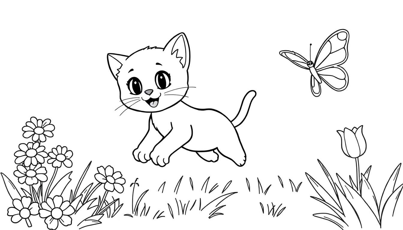 Placa de color de un gatito jugando con una mariposa en un jardín.
