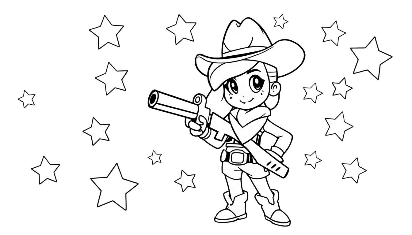 Placa de color de Shelly, la vaquera con sombrero, botas y pistola, rodeada de estrellas brillantes.