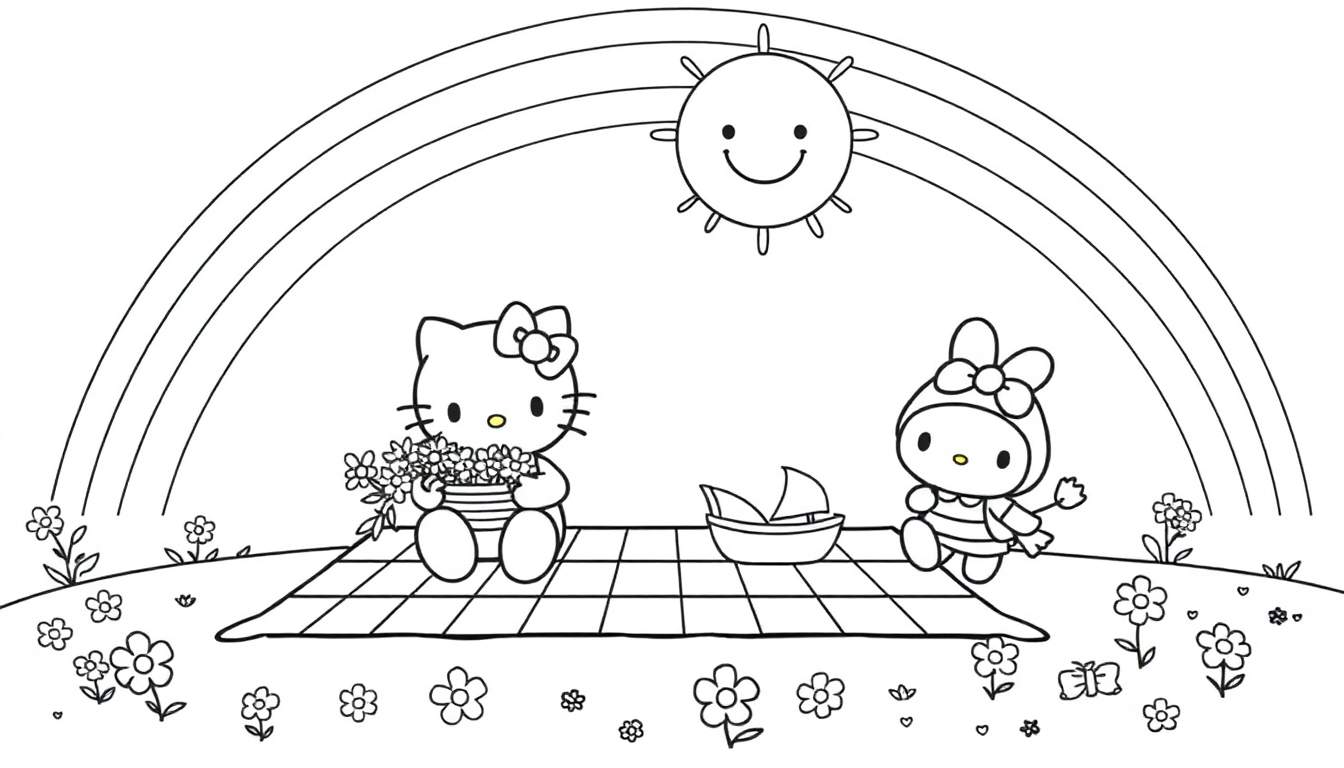 Hello Kitty y My Melody en un picnic bajo un arco iris, con un sol sonriente y flores, listo para colorear en esta placa de color.