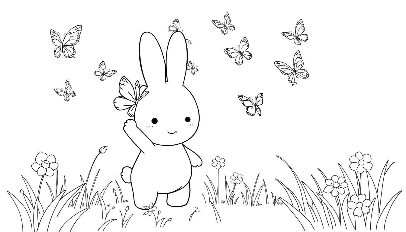 Miffy en un prado primaveral, un dibujo lineal en blanco y negro con mariposas, todo listo para colorear.