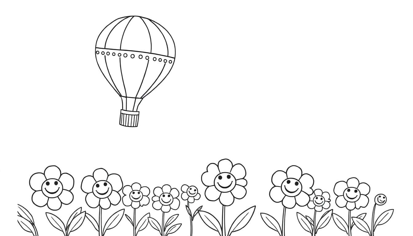 Placa de color con un globo aerostático y flores sonrientes.