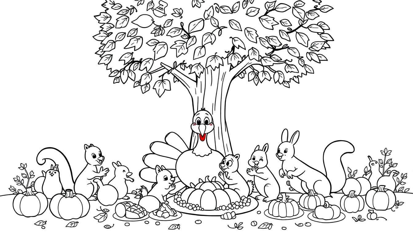 Una placa de color con un pavo feliz rodeado de animales y comida de otoño.