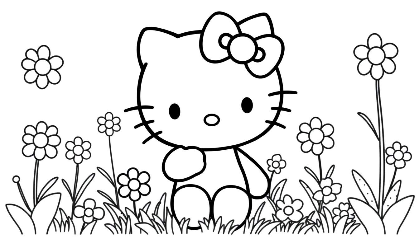 Placa de color de Hello Kitty con un lazo rosa y flores.