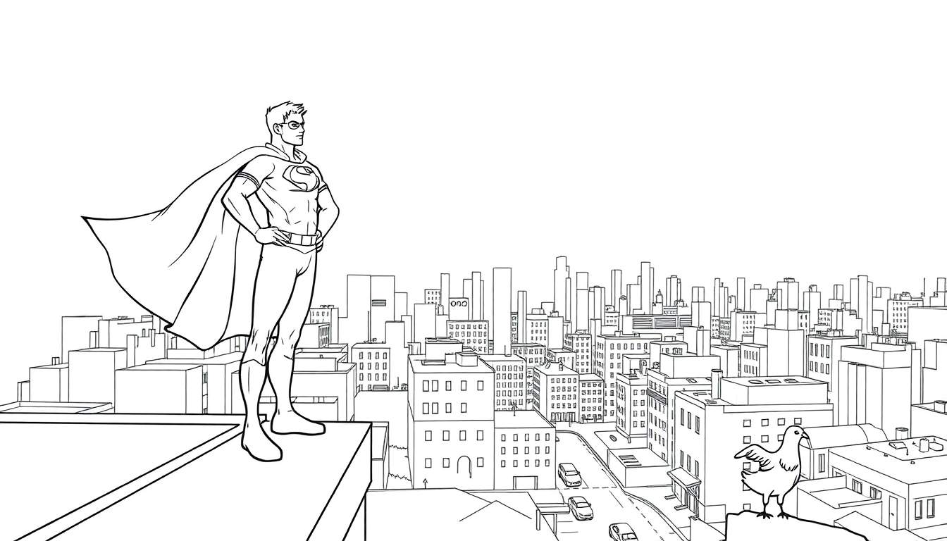 Un superhéroe de dibujos animados con capa ondeando sobre un edificio, en una ciudad vista en una placa de color.