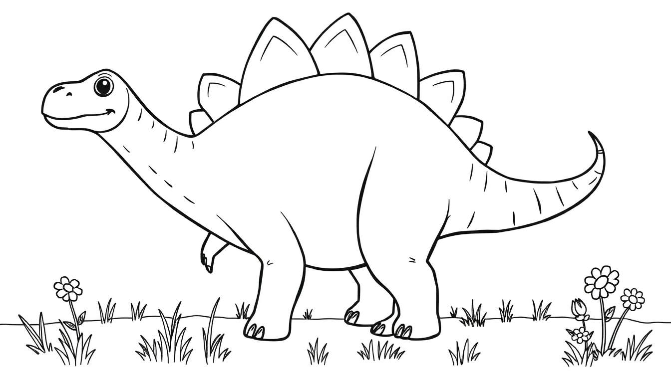 Estegosaurio amigable con placas de color, listo para pintar en un prado.